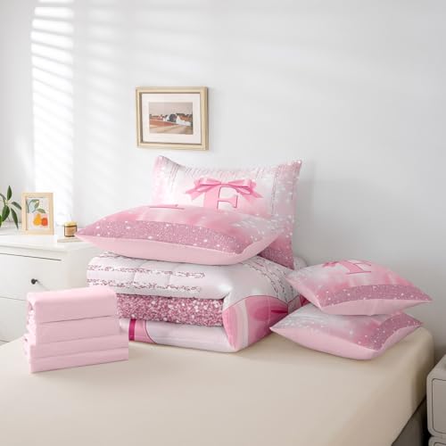 Image of Feelyou Kids Pink Bowknot Comforter Set with Sheets Queen Size, Personalized Initial F 7 Pieces Bedding Set Boys Girls Princess Glitter Bed in A Bag Bow Alphabet Teens Bed Set Bedroom Decor 7Pcs
