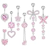 LEBKFT Juego de 7 barras de ombligo de acero inoxidable con diseño de flor, mariposa, corazón redondo y lazo, para mujeres y niñas, talla única, Circonia cúbica, Cubic Zirconia