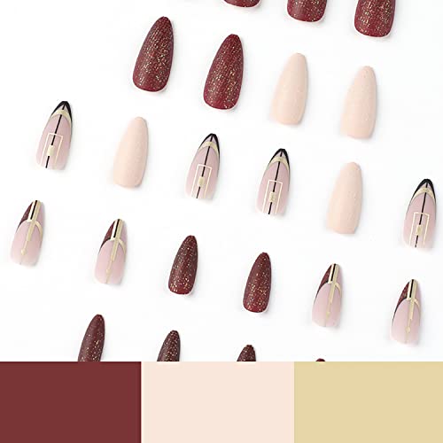 24 Pcs Press On Nails Medium Length Almond Fake Nails Dark Red Shiny Powder Frosted Black Line Design Glue On Artificial Nails False Nails For Women #TOP5