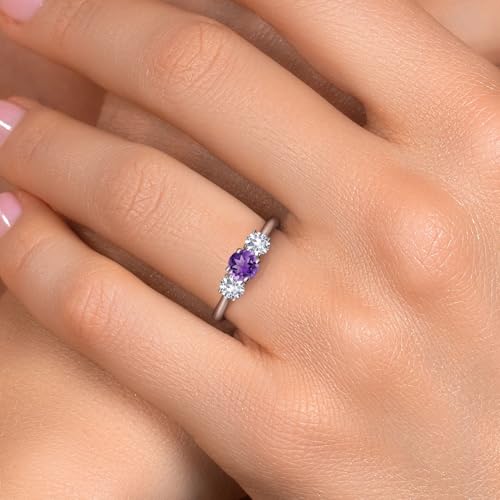 Gem Stone King 925 Sterling Silver Purple Amethyst and White Created Sapphire Engagement Ring For Women | 0.98 Cttw | Round 5MM | Gemstone February Birthstone | Available in Size 5,6,7,8,94