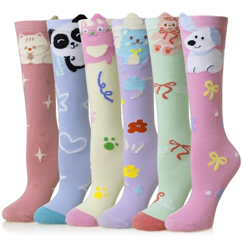 WEVIAS Girls Knee High Socks Kids Long Crazy Fun Silly Gifts Boot Cute Animal Funny Tall Cotton Socks 6 Pairs