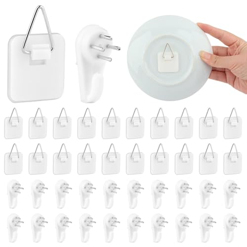 Image of 20 Pack Invisible Vertical Plate Holders, Plastic Picture Hanger Sticky Hanger, Adhesive Picture Hanger with Nail Picture Hanging Hooks for Decorative Picture Photo Plate Wall Art