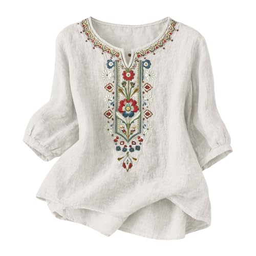 riou Camisas Mujer Manga 3/4 Algodón y Lino Primavera Cuello en V Casual T-Shirt Vintage Bordado Camiseta de Mujer Moda Casual Elegante Suelto Fiesta Tops T-Shirt Original Oficina Negocios