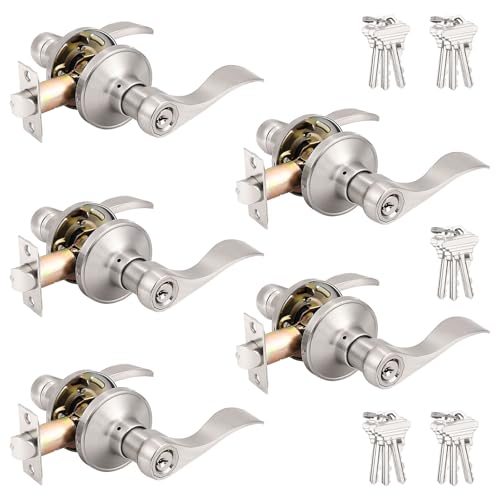 Probrico Keyed Alike Brushed Nickel Door Handle, Wave Style Entry Door Handles, Door Levers Lockset for Interior and Exterior Doors, 5 Pack