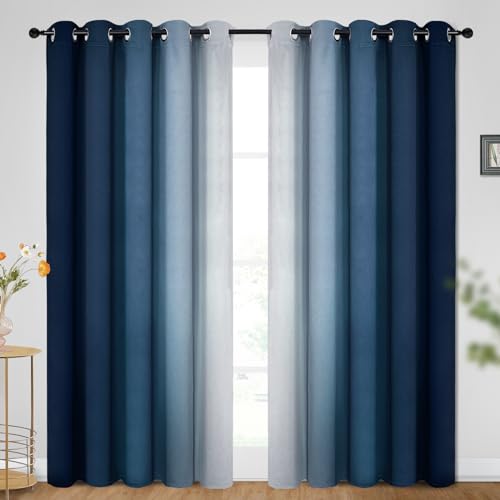 Image of SimpleHome Ombre Blue to Grey White Curtains for Living Room 70Wx84L | Room Darkening Curtains for Bedroom,Gradient Light Blocking Curtain,Thermal Insulated Grommet Window Drapes,2 Panels,84 Inch