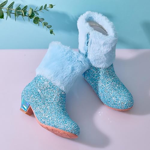 Girls Sparkly Glitter Boot Fuzzy Lined Winter Thermal Side Zip Up Boots Mid Calf High Heel Non Slip Bottom Snow Boot3