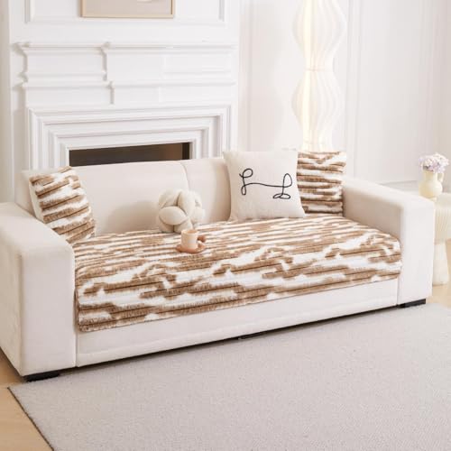 Image of HOMETHREADS 600GSM Thick & Soft Rabbit Fur Plush Sofa Cover-Luxurious Cozy Slipcover, Washable & Pet-Friendly, Anti-Scratch Protector for Sofas (Faux Linning White Brown, 1 Seater Large| 90x70cm)