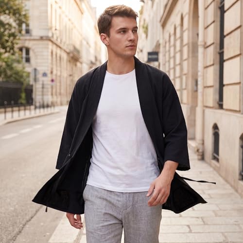 Image of Haseil Men's Kimono Cardigan Japanese Jackets Casual Cotton 3 /4 Sleeve Shirt Open Front Coat Lightweight Linen Yukata