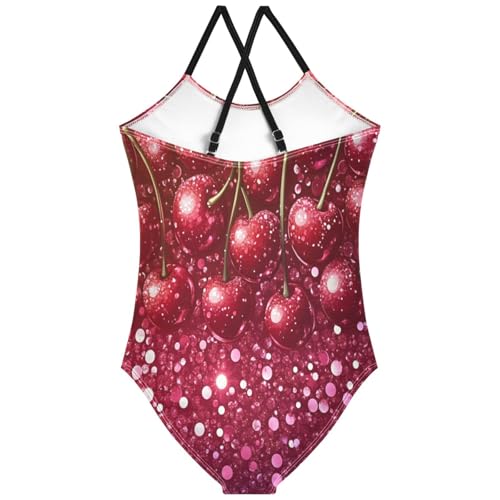 Pigsaly Girls One Piece Swimsuits Pink Red Cherry Fruit Sweet Candy Gradient Glitter Kids Cross Back Swimwear 3T2