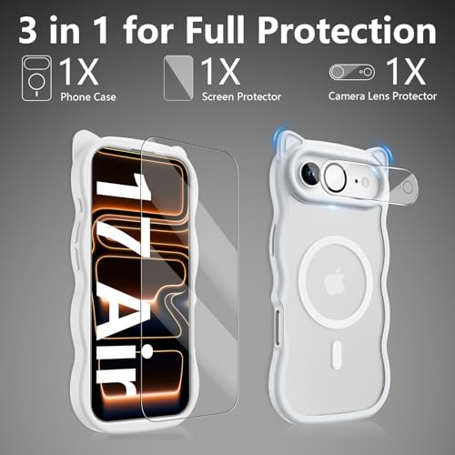 HIFDVD 3 in 1 Magnetic for iPhone 17 Air Case for Women Girls,1X Screen Protector+1X Camera Lens Protector,Compatible with MagSafe,Translucent Matte,Cute Cat-Ear Wavy Phone Case,6.5",Milky White by HIFDVD - Used condition - Image 2