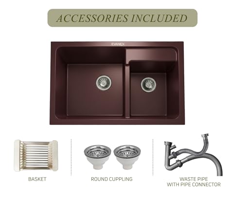 Image of EVANEX Quartz Kitchen Sink | 31x18x9 Inch Double Bowl Sink for Kitchen | Granite Topmount /Undermount Kitchen Sinks | Brown Double Sink with Connector, Waste Pipe, Coupling and Drain Basket
