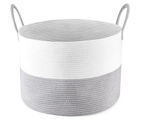 Housiney Laundry Basket with Handle, Decorative Blanket Basket for Living Room Toy Laundry Hamper, Baby Woven Storage Baskets Toy Storage Bins Organizer, Mix Grey White,1PCS