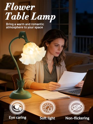 Image of Bedside Table Lamp for Bedroom, Vintage Flower Table Lamps, LED Reading Light 3 Color Modes Bedside Lamps, Nightstand Lamp Kawaii Desk Lamps for Bedroom Living Room Home Decoration(Green lamp)