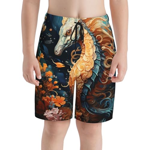 Boys Beach Board Shorts Swim Trunks Teen Kids Quick Dry Bathing Suits, Sea Horse Hippocampus Seahorse Art3