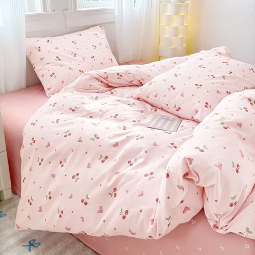 Michorinee Housse de Couette 220x240 Coton avec 2 Taies d'oreiller 65x65 cm Parure de lit Imprimée Cerise et Cœur - 100% Coton Parure Housse Couette Adulte...