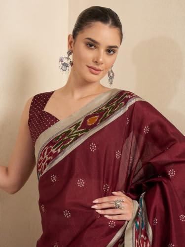 Image of AKHILAM Women's Cotton Printed Ready To Wear Saree With Unstitched Blouse Piece