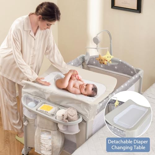 Image of BABY JOY 5-in-1 Pack and Play, Portable Baby Bedside Sleeper with Bassinet, U-Shaped Diaper Changer, Safety Strap, Side Zipper Entrance, Hangings, Bedside Crib Playard from Newborn to Toddlers (Beige)