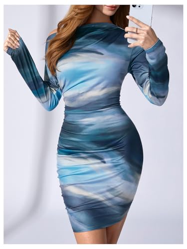 Image of RoseSeek Women's Off Shoulder Ombre Tie Dye Bodycon Dress Long Sleeve Slim Fit Pencil Mini Dresses