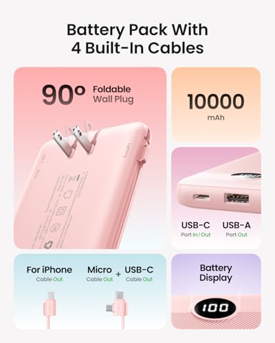 Image of Portable Charger Built-in Cables and Wall Plug, 10000mAh Slim USB C Power Bank, LED Display External Battery Pack Compatible with iPhone /Android & More (Pink)