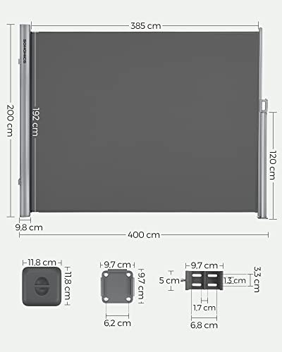 SONGMICS Alu-Seitenmarkise, ausziehbar, 200 x 400 cm, Blickdicht, Sonnenschutz, blickdicht, Seitenrollo, für Balkon, Terrasse, Garten, anthrazit GSA204G01 2