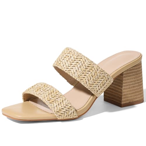 Image of Ancomafio Heeled Sandals for Women Raffia Sandals 2025 Chunky Block Heels Square Open Toe Heels Double Strap Summer Dressy Shoes Slip On