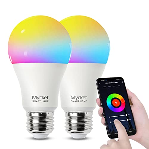 Mycket E27 WiFi bombilla inteligente 9 W LED color regulable bombillas equivalentes a luz, RGBW millones de colores,control remoto y función de temporizador de voz compatible con Alexa/Echo(paquete 2