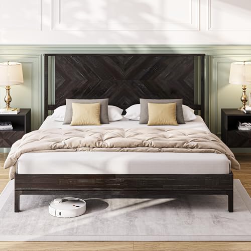 Image of Bme Vivian 14 Inch Deluxe Bed Frame with Headboard, Rustic & Scandinavian Style with Solid Acacia Wood, No Box Spring Needed, 12 Strong Wood Slat Support, Easy Assembly, King, Rustic Black