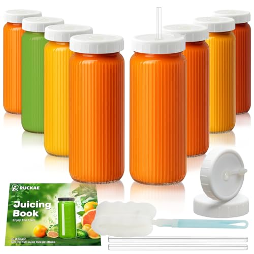 Image of Ruckae 16oz Juice Bottles,Ribbed Glass Juicing Bottles with Lids,Smoothie Cup Lids and Straws,Water Bottle Mason Jar Drinking Glasses for Juicing,Smoothies,Kombucha (Clear-8 pack)