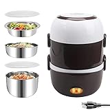 3 Layers Lunch Boxes Rice Cookers 2L Portable Electric Heating Bento Lunch Box for Car Office and Home with Bowls, Lids, Measuring Cup, Power Cord, 110V 200W, Stainless Steel+PP