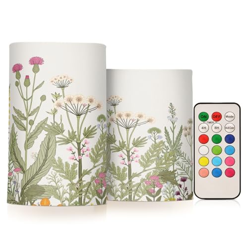 Image of Flickering Flameless Candles, Flowers Herbs Wildflowers Botanical LED Candles with Remote Timer, Set of 2 Battery Operated Candle for Valentine Wedding Birthday