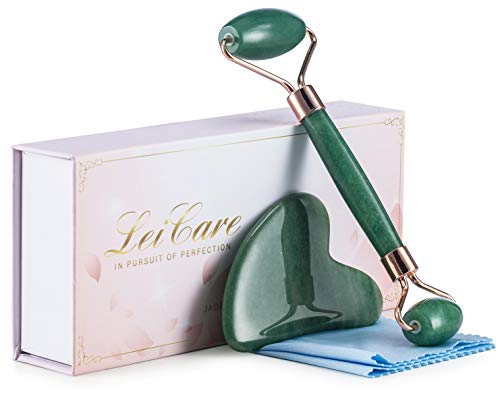 Natural Jade roller and Gua Sha Set - Jade Roller for Face, Eyes, Neck - Jade Stone Facial Massager Roller, Face Roller for Wrinkles, Puffiness, Slimming, Firming