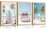 3Pcs Pink Beach Wall Art Tropical Teen Girl Coastal Canvas Poster Print Surfboard Palm Picture Wall Decor for Beach Room Bathroom Living Room Bedroom 12x16in Unframed