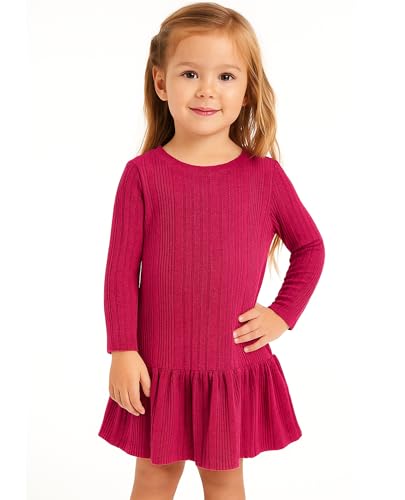 Girls Long Sleeve Dresses Girls Knit Sweater Dresses Fall Winter Kids Casual Dress for 4-8Y(Rose Red)2