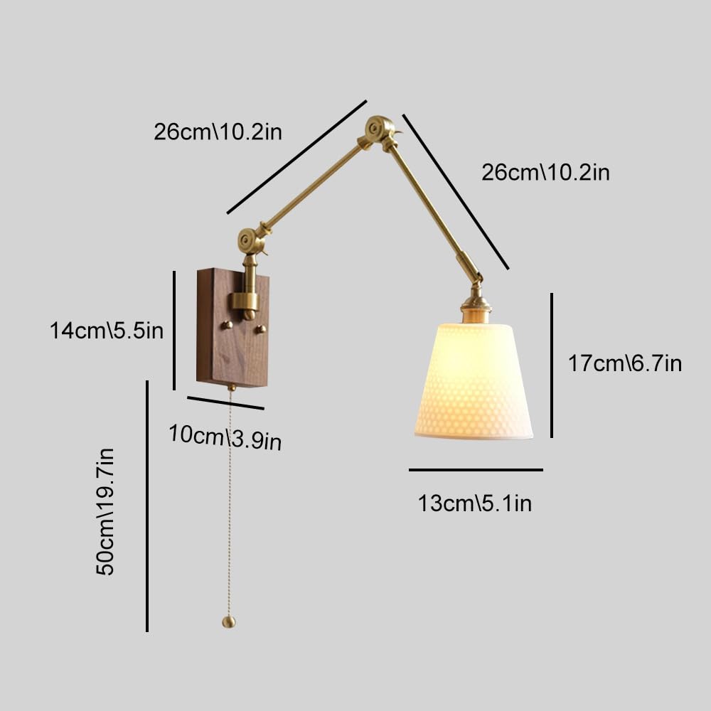 1 Confezione di Applique da Parete in Legno Vintage, Lampada da Parete con Braccio Girevole Regolabile con Paralume in Ceramica Bianca, Moderna Lampada da Parete in Ottone con Interruttore per so