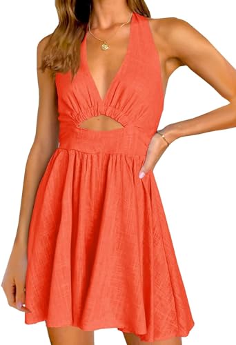 Inorin Womens Summer Sleeveless Halter V Neck Backless Cut Out Sexy Casual Party Swing Flared Mini Dress