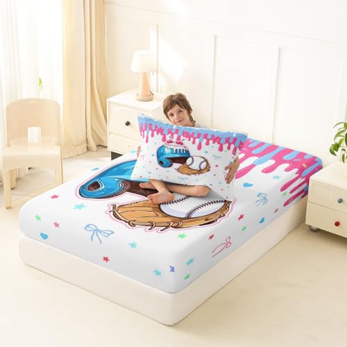 Image of Castle Fairy Baseball Cap Bed Sheets Twin Size,Ice Cream Cherry Dessert Easy Wash Bedding Set,Game Sports Graffiti Kids Room Decor,Bule Sheet(Fitted+Flat+1 Pillowcase)