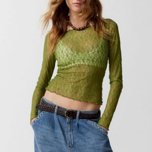 2025 Nueva camiseta de encaje de manga larga para mujer, parte superior de malla transparente con corte floral y hombros descubiertos, verde, S