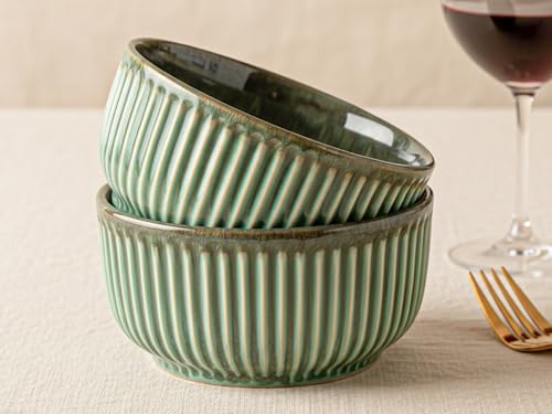 Image of Bodhi House Ceramic Deep Serving Bowls Set of 2 | 800ml Multipurpose Bowls for Ramen, Salad, Cereal, Snacks & More | Microwave Safe | Turquoise Green | Stylish Dining & Gifting Choice