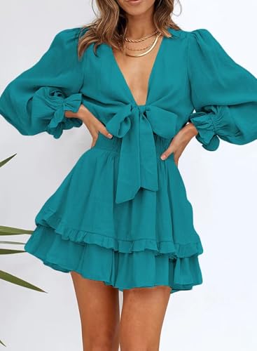 Image of Dokotoo Womens Casual Spring Fall 2025 Deep V Neck Knotted Tiered Chiffon Elegant Mini Short Swing Skater Dresses