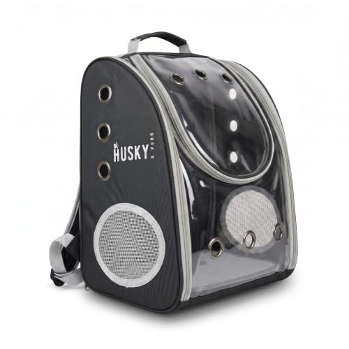 Image of Husky & Purr Cat Bag Carrier Backpack, Black | Collapsible Breathable Pet Carrier Backpack | Anti-Scratch Transparent Cat Carrier Bag for Travel, Up to 7kgs