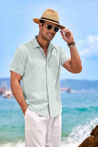 Image of COOFANDY Men's Linen Shirts Short Sleeve Casual Shirts Button Down Shirt for Men Beach Summer Wedding Shirt