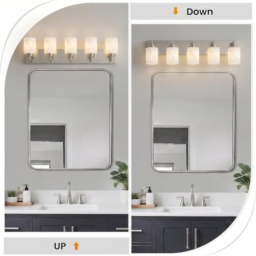 Image of 5-Light Bathroom Light Fixture, Brushed Nickel Modern Vanity Light with White Marble Glass Shade, for Bathroom Mirror, Living Room, Bedroom, Hallway, E26 Base, Extended Base