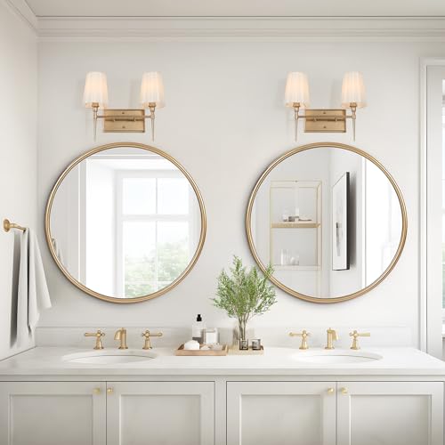 Image of KSANA Gold Bathroom Vanity Light Fixtures, 2-Light Modern Vanity Lights for Bathroom with White Fabric Shade, Bathroom Lights Over Mirror