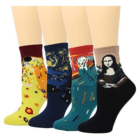 LIVEBEAR 4 Pairs Womens Cute Famous Paintings, Art, Statues, Novelty, Casual Cotton Crew Socks Made In Korea Cover