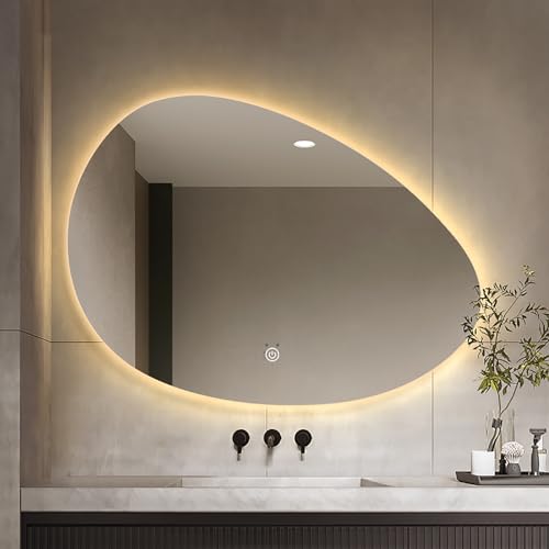 Specchio Ovale Illuminato A LED, LED A 3 Colori Dimmerabile, Specchio Da Bagno Retroilluminato, 50x70cm/60x80cm, Grande Specchio Asimmetrico, Specchio Per Trucco A Parete Con Luci, Antideflagrante