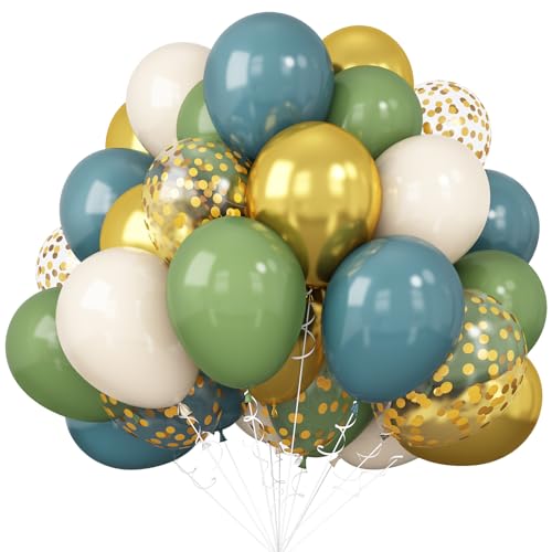 Image of Green Blue Balloons Sage Beige Gold Balloons Jungle Woodland Party Decorations Dusty Blue Green White Balloon 60pcs 12inch Latex Balloons Gold Confetti Helium Safari Wild One Dino Birthday DIY