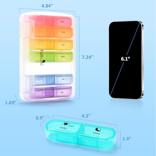 Image of Fullicon Large Portable Pill Organizer 2 Times a Day, Clear Rainbow
