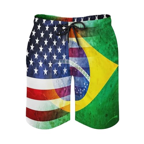 Vintage U.S.A. and Brazil Flag Men's Trunks Shorts Beach Athletic Running with Pockets and Mesh Lining2