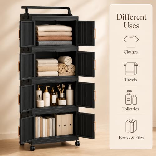 Image of KRISHYAM 4-Tier Plastic Storage Cabinet with 8 Doors & Wheels, Water-Resistant Multipurpose Clothes Organizer, Modular Cupboard for Bedroom, Bathroom & Home, 109 x 46 x 27 cm