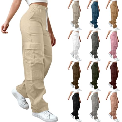 Cargo Pants Women Baggy Parachute Pants Woman High Waisted Wide Leg Pants Baggy Stretchy Casual Trousers Streetwear Fashion Trendy Travel Outfits Fall Anthropologie Clothes Beige